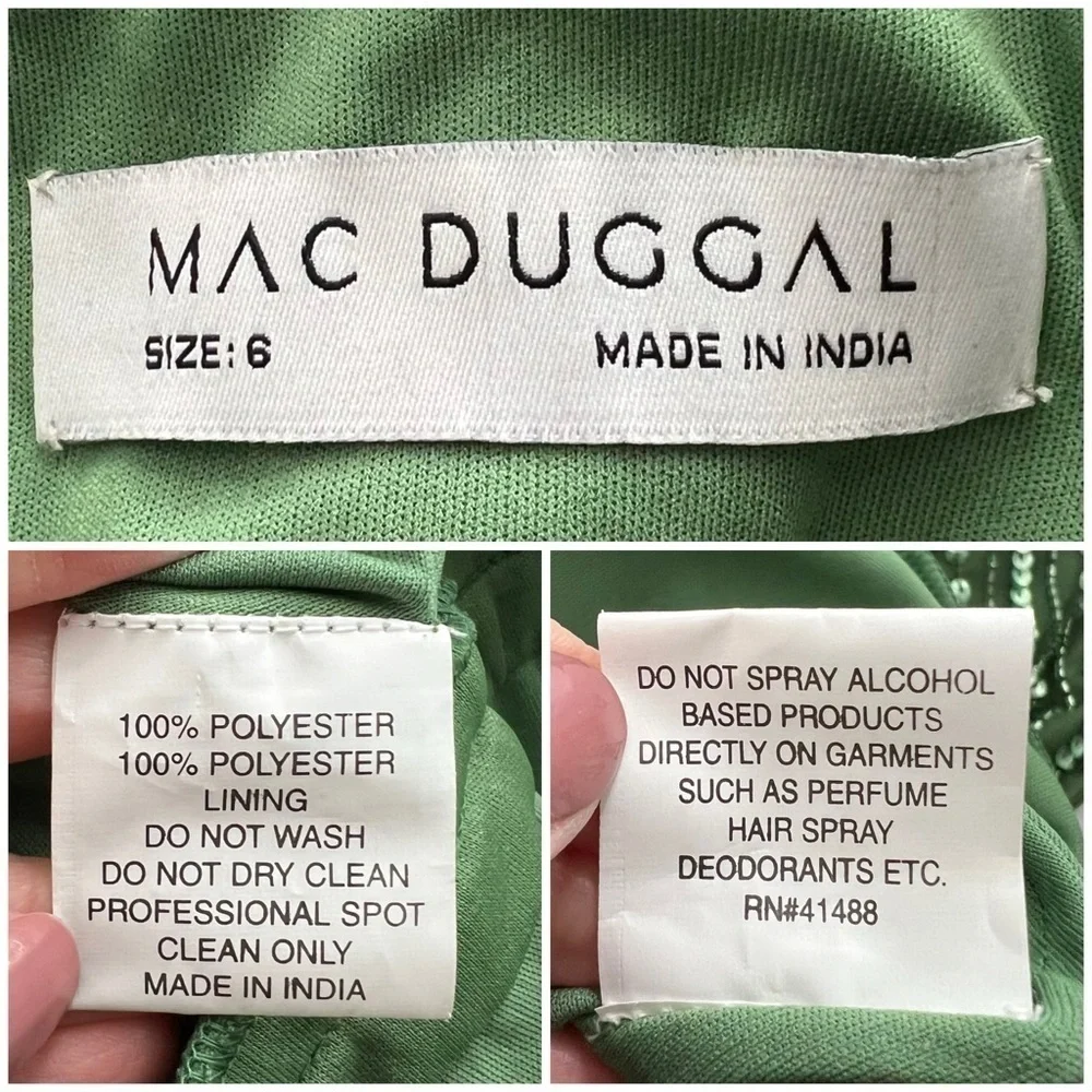 Mac Duggal Sequined Wrap Over Cap Sleeve Ruffle Hem Dress Sage Size 6 NEW - Picture 14 of 15